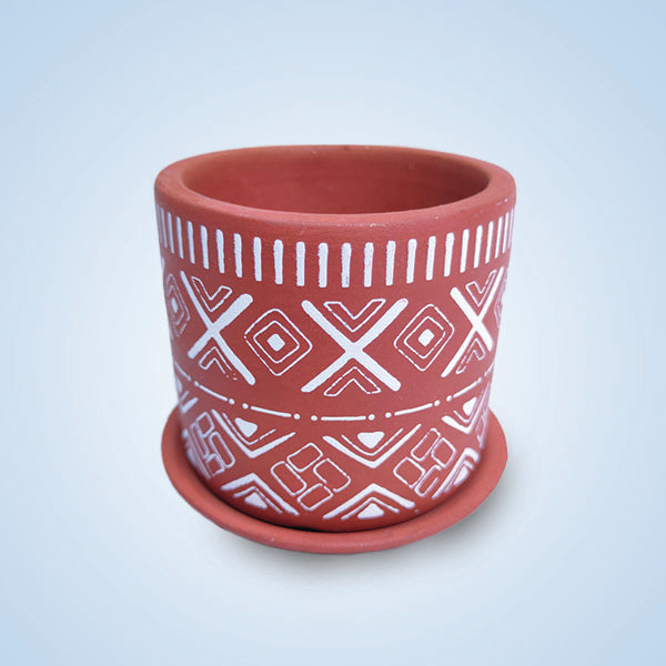 Tribal Art Terracotta Pot with Saucer