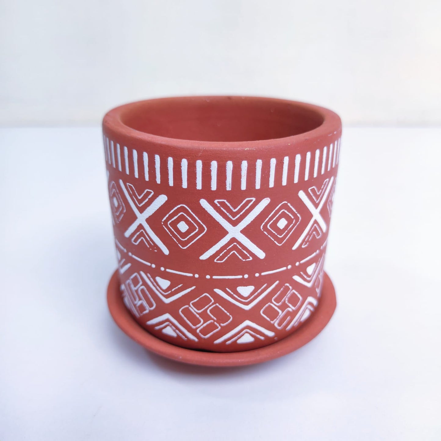 Tribal Art Terracotta Pot with Saucer