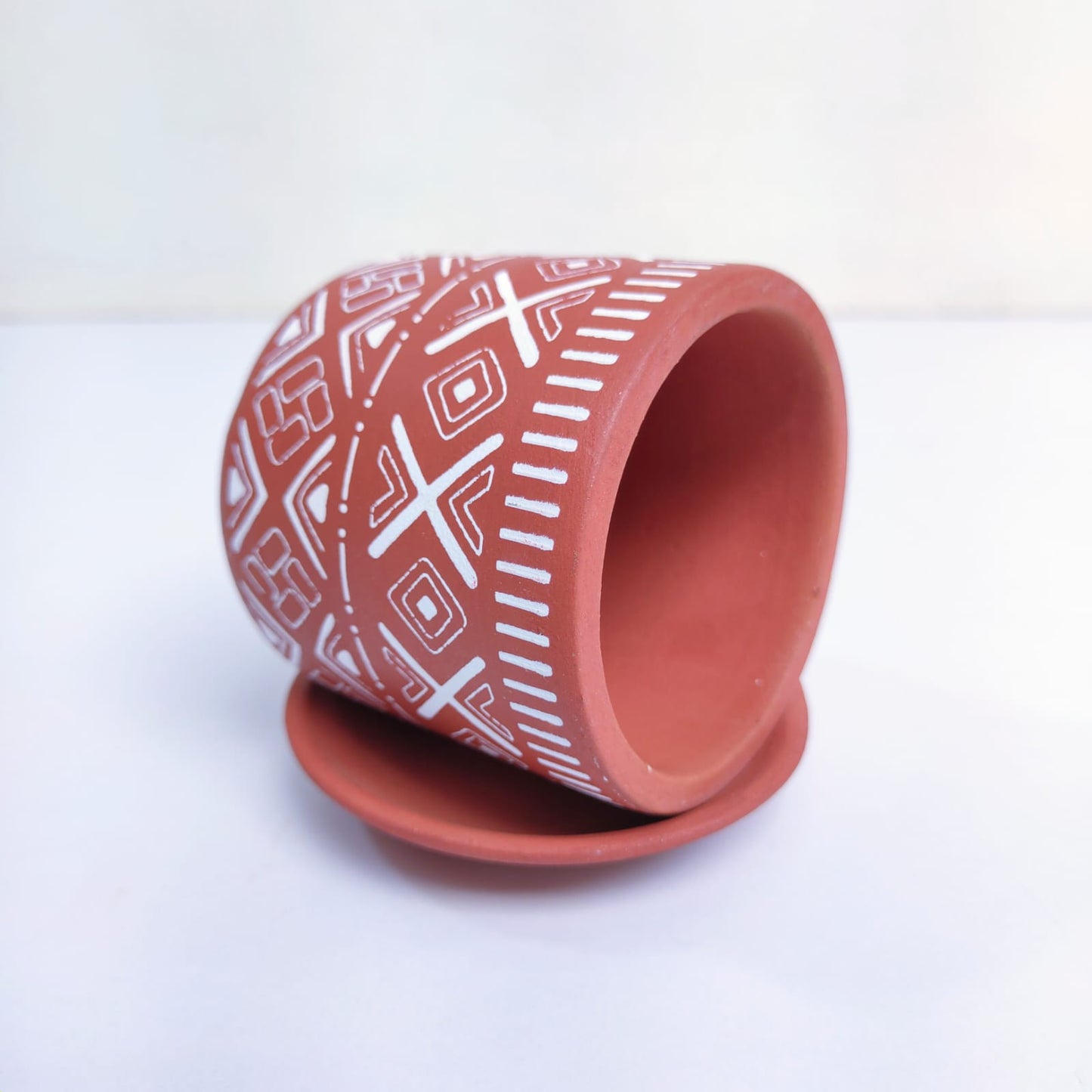 Tribal Art Terracotta Pot with Saucer